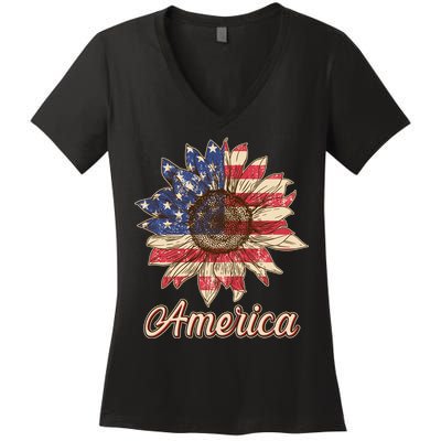 Vintage USA American Sunflower Women's V-Neck T-Shirt