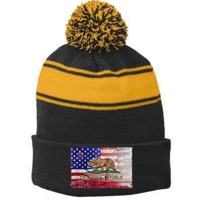 Vintage USA California Republic Flag Stripe Pom Pom Beanie