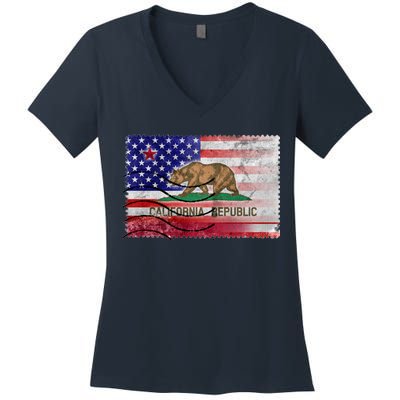 Vintage USA California Republic Flag Women's V-Neck T-Shirt