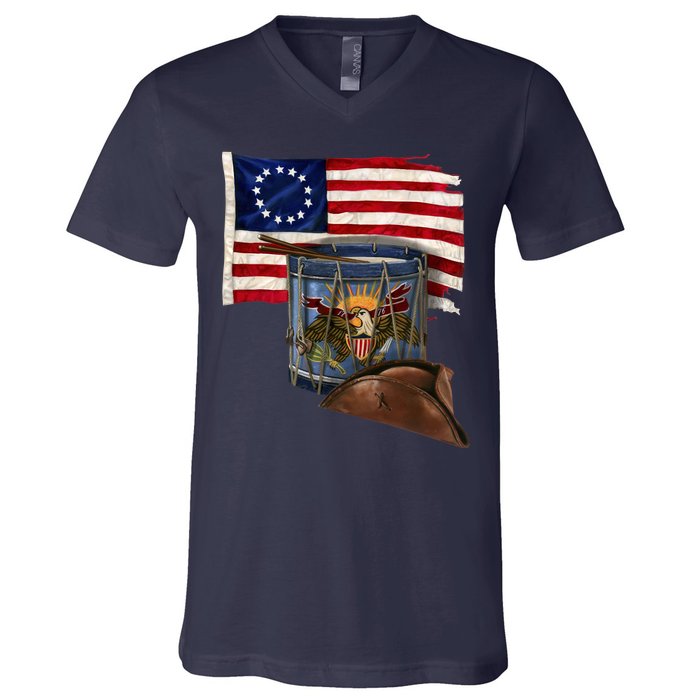 Vintage USA Flag Patriotic Drum V-Neck T-Shirt