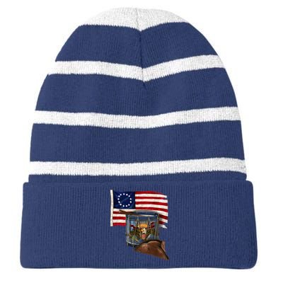 Vintage USA Flag Patriotic Drum Striped Beanie with Solid Band