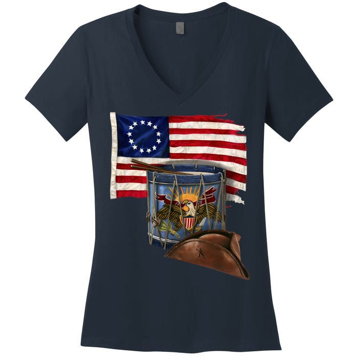 Vintage USA Flag Patriotic Drum Women's V-Neck T-Shirt