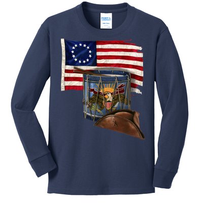 Vintage USA Flag Patriotic Drum Kids Long Sleeve Shirt