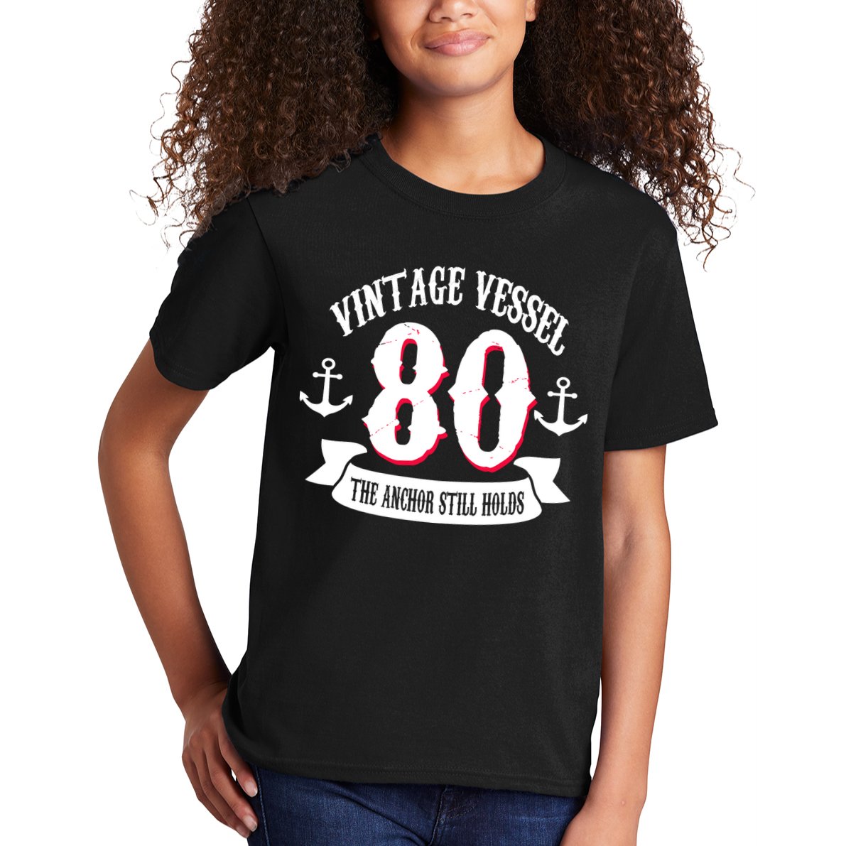 Vintage Vessel 80th Birthday The Anchor Still Holds Kids T-Shirt