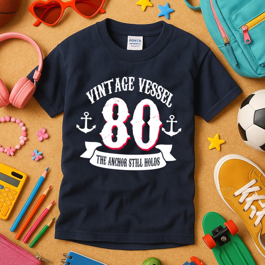 Vintage Vessel 80th Birthday The Anchor Still Holds Kids T-Shirt