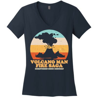 Vintage Volcano Man Fire Saga Eurovision Song Contest Women's V-Neck T-Shirt