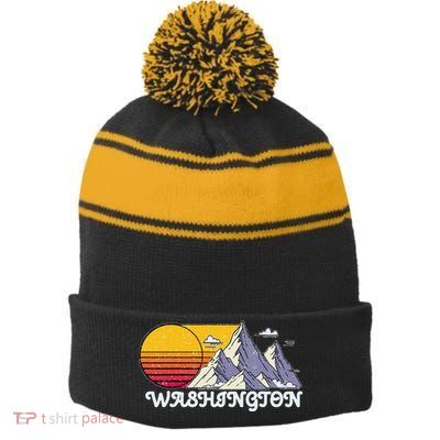 Vintage Washington State Retro Stripe Pom Pom Beanie
