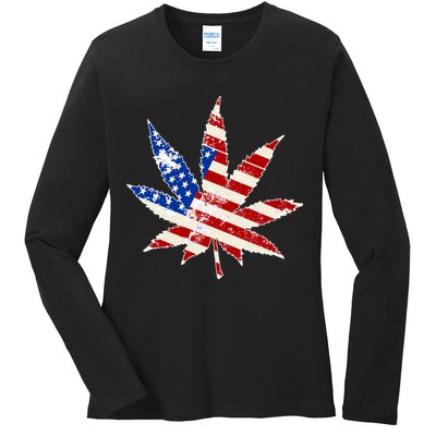 Vintage Weed American Flag 420 Ladies Long Sleeve Shirt