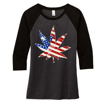 Vintage Weed American Flag 420 Women's Tri-Blend 3/4-Sleeve Raglan Shirt