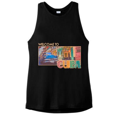 Vintage Welcome To Cuba Travel Poster Banner Ladies PosiCharge Tri-Blend Wicking Tank
