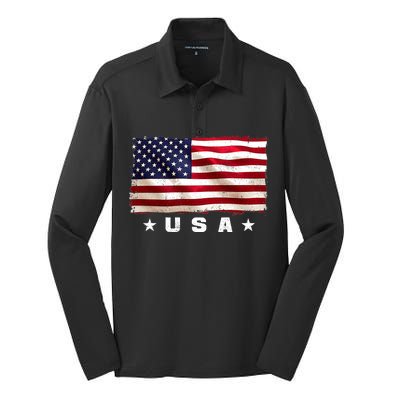 Vintage Worn USA Flag Silk Touch Performance Long Sleeve Polo