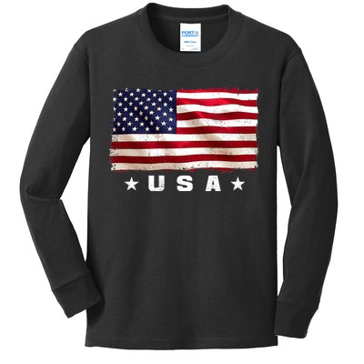 Vintage Worn USA Flag Kids Long Sleeve Shirt