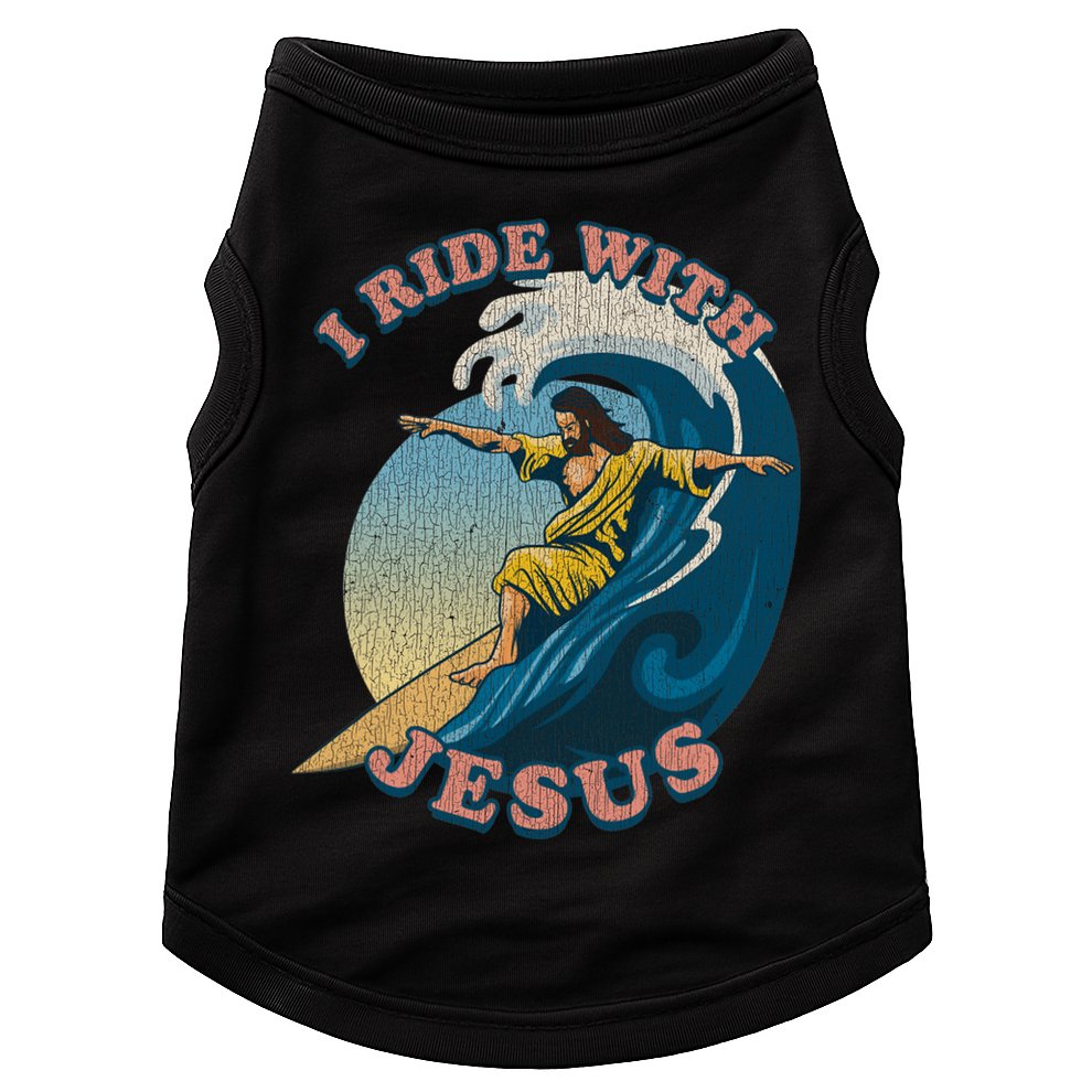 Vintage I Ride With Jesus Surfing Jesus Doggie Tank
