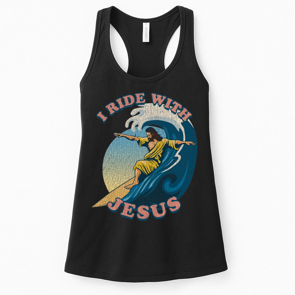 Vintage I Ride With Jesus Surfing Jesus Womens Tank Top