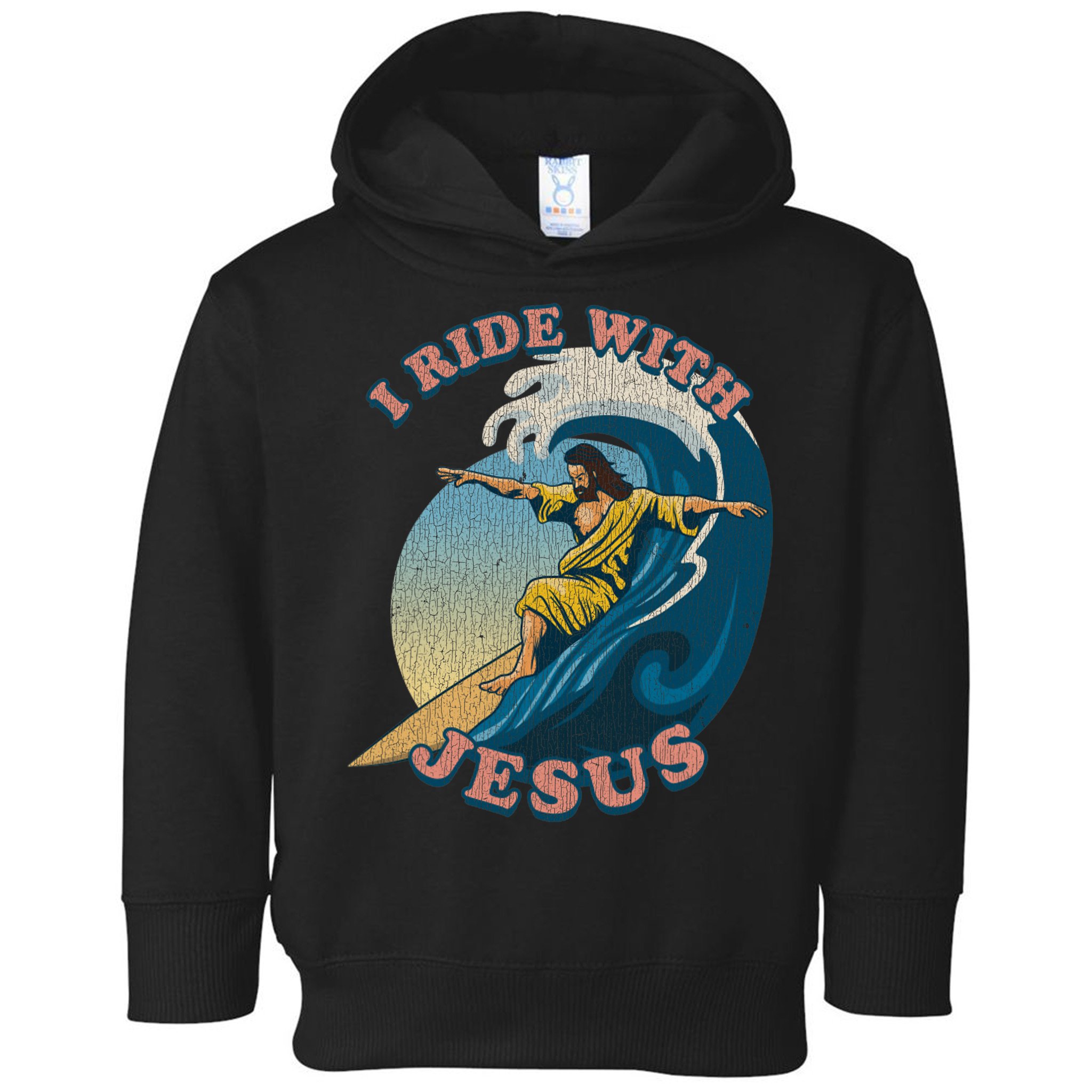 Vintage I Ride With Jesus Surfing Jesus Toddler Hoodie