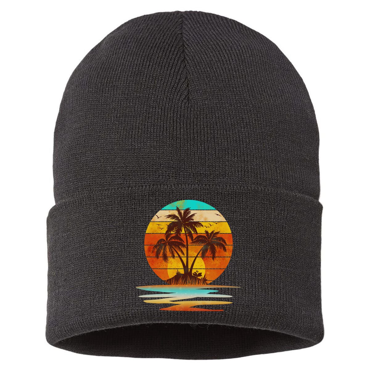 Vintage Island Sunset Emblem Sustainable Knit Beanie