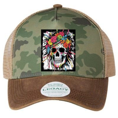 Vibrant Intrigue: Skull And Vibrant Floral Collage Design Legacy Tie Dye Trucker Hat