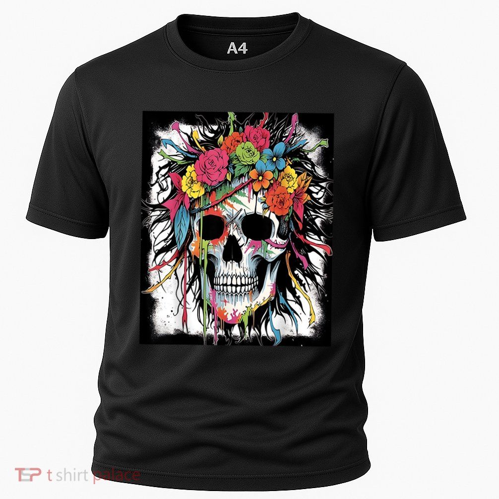 Vibrant Intrigue: Skull And Vibrant Floral Collage Design Performance Shirt