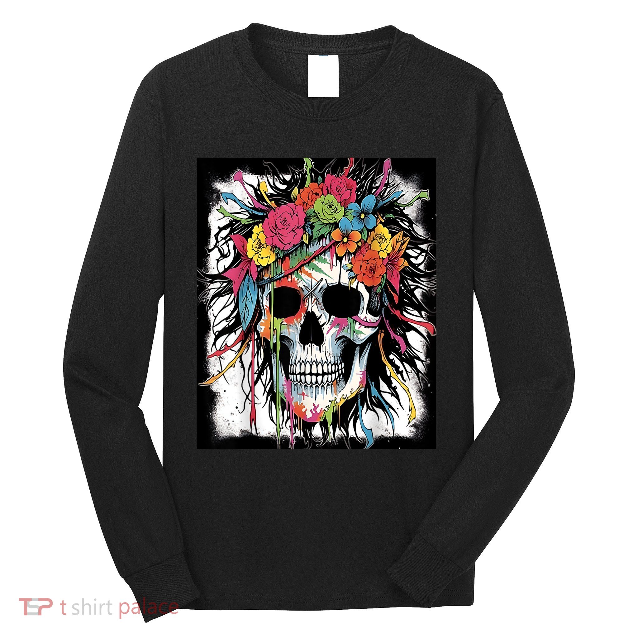 Vibrant Intrigue: Skull And Vibrant Floral Collage Design Long Sleeve Shirt