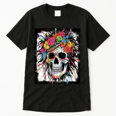 Vibrant Intrigue: Skull And Vibrant Floral Collage Design Tall T-Shirt