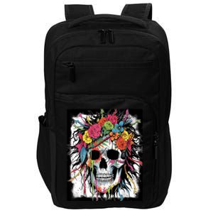 Vibrant Intrigue: Skull And Vibrant Floral Collage Design Impact Tech Backpack