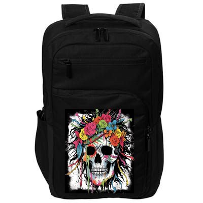 Vibrant Intrigue: Skull And Vibrant Floral Collage Design Impact Tech Backpack