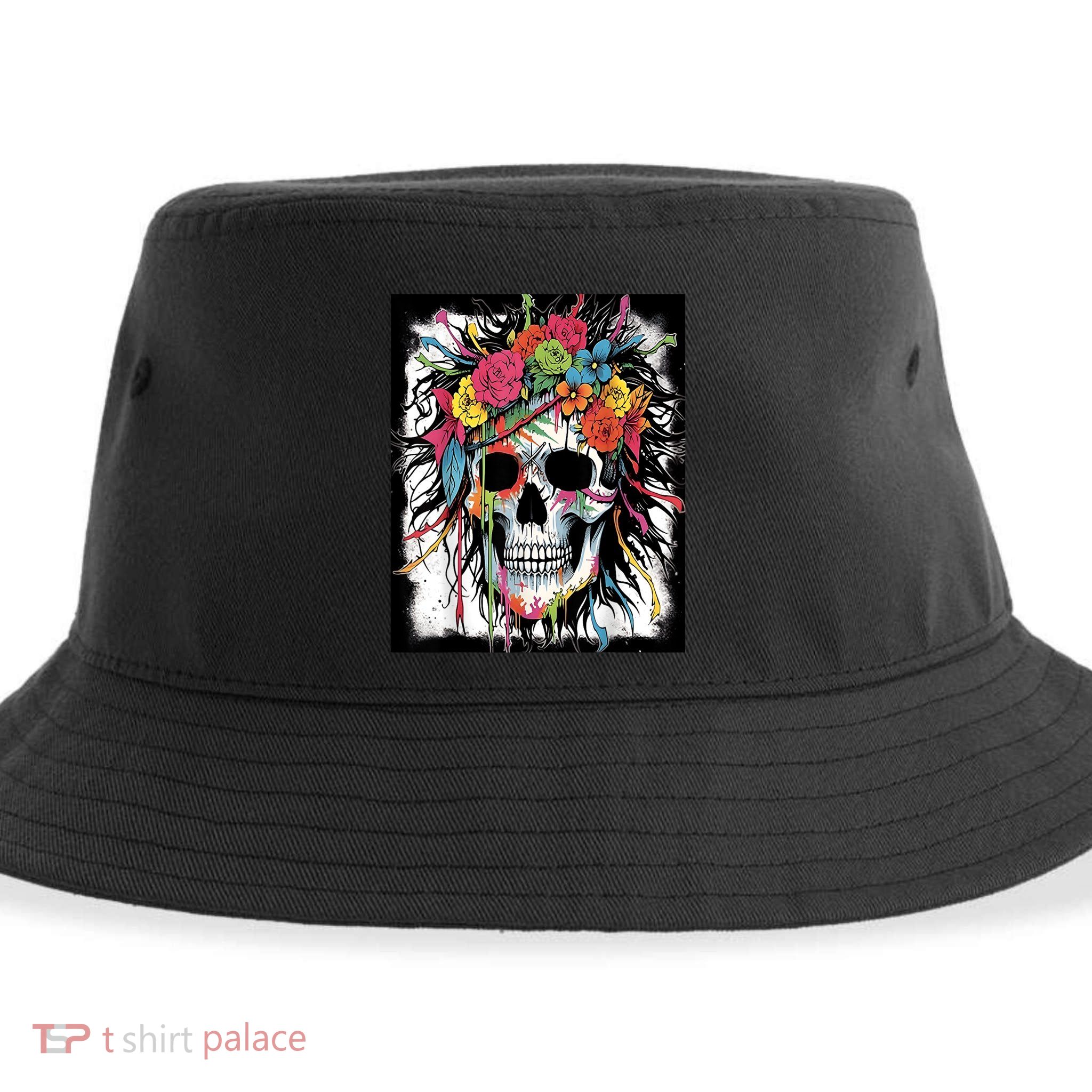 Vibrant Intrigue: Skull And Vibrant Floral Collage Design Sustainable Bucket Hat