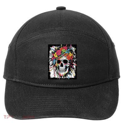 Vibrant Intrigue: Skull And Vibrant Floral Collage Design 7-Panel Snapback Hat