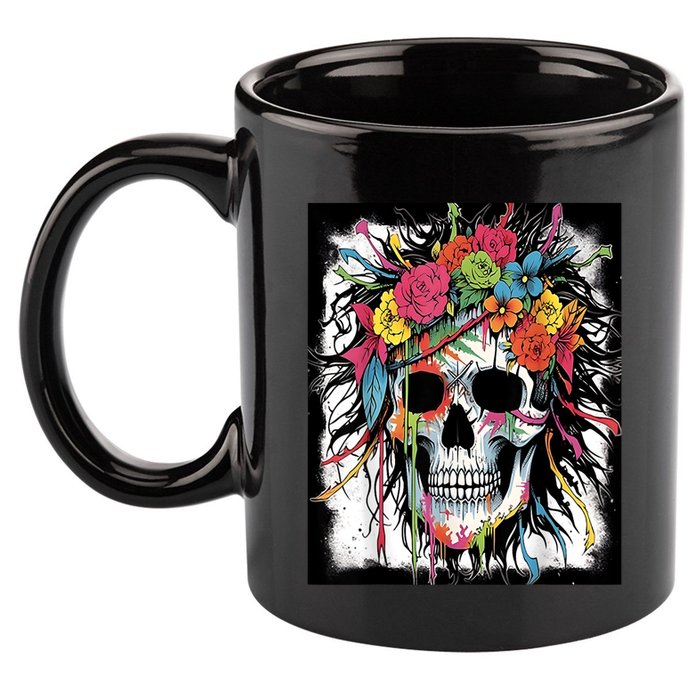 Vibrant Intrigue: Skull And Vibrant Floral Collage Design 11oz C Handle Ceramic Mug