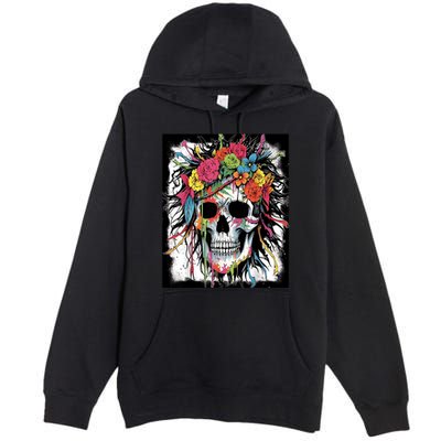 Vibrant Intrigue: Skull And Vibrant Floral Collage Design Premium Pullover Hoodie