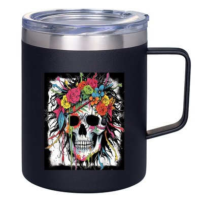 Vibrant Intrigue: Skull And Vibrant Floral Collage Design 12oz Stainless Steel Coffee Mug