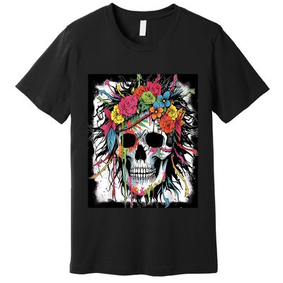 Vibrant Intrigue: Skull And Vibrant Floral Collage Design Premium T-Shirt