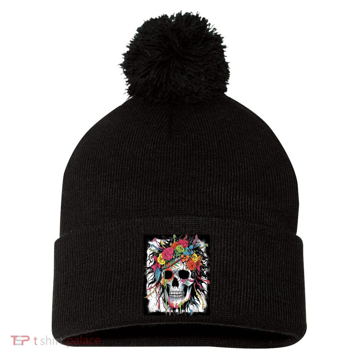 Vibrant Intrigue: Skull And Vibrant Floral Collage Design Pom Pom 12in Knit Beanie