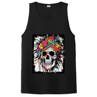 Vibrant Intrigue: Skull And Vibrant Floral Collage Design PosiCharge Competitor Tank