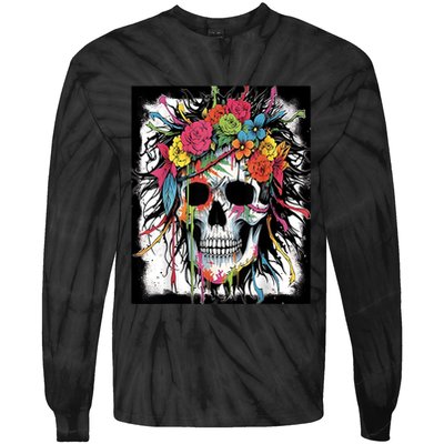 Vibrant Intrigue: Skull And Vibrant Floral Collage Design Tie-Dye Long Sleeve Shirt