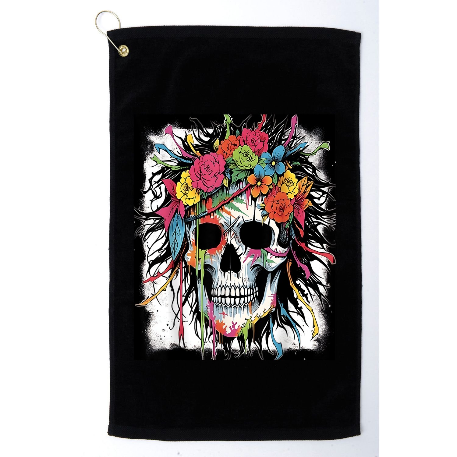 Vibrant Intrigue: Skull And Vibrant Floral Collage Design Golf Towel