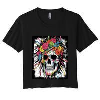 Vibrant Intrigue: Skull And Vibrant Floral Collage Design Women's Crop Top Tee