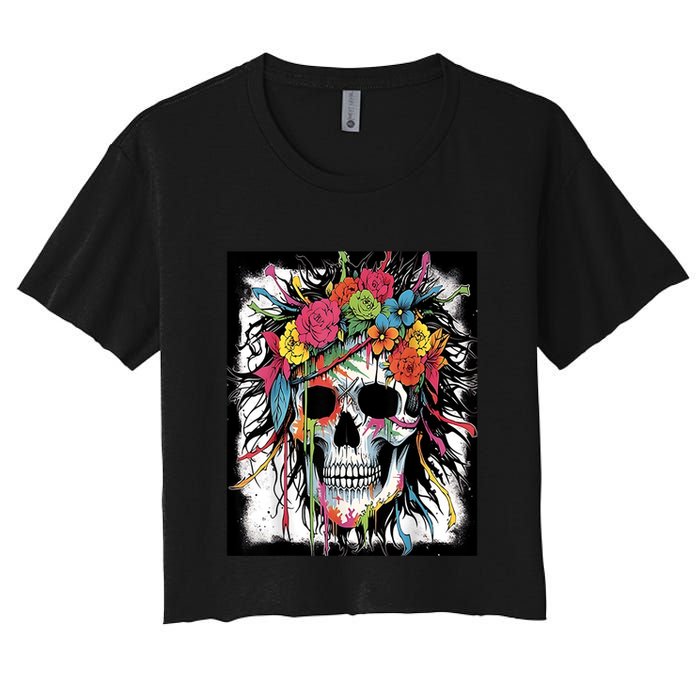 Vibrant Intrigue: Skull And Vibrant Floral Collage Design Women's Crop Top Tee