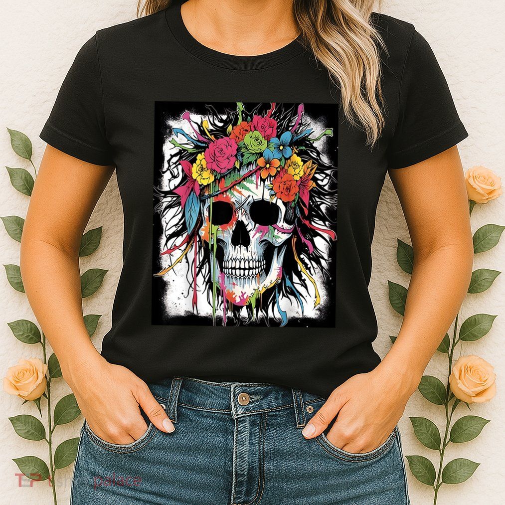 Vibrant Intrigue: Skull And Vibrant Floral Collage Design Womens T-Shirt