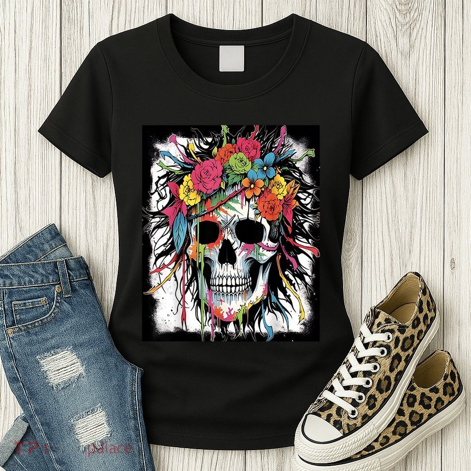 Vibrant Intrigue: Skull And Vibrant Floral Collage Design Womens T-Shirt
