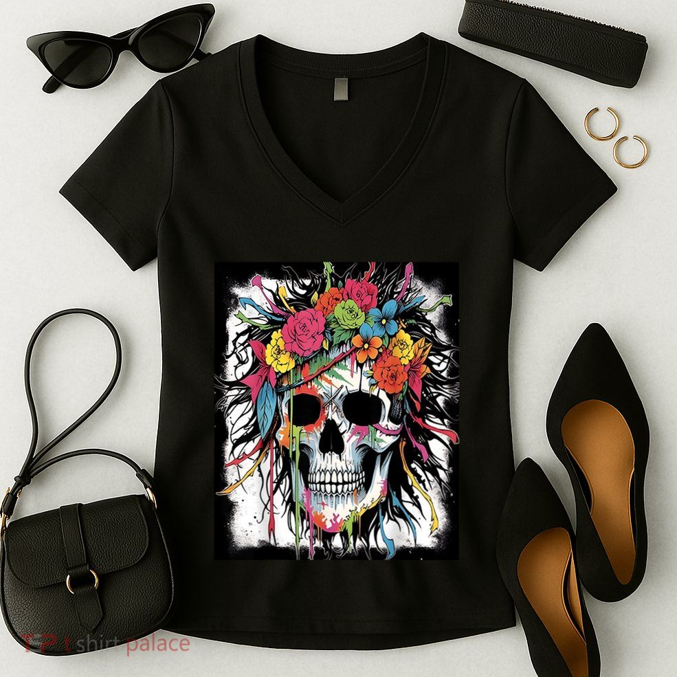 Vibrant Intrigue: Skull And Vibrant Floral Collage Design Women's V-Neck T-Shirt
