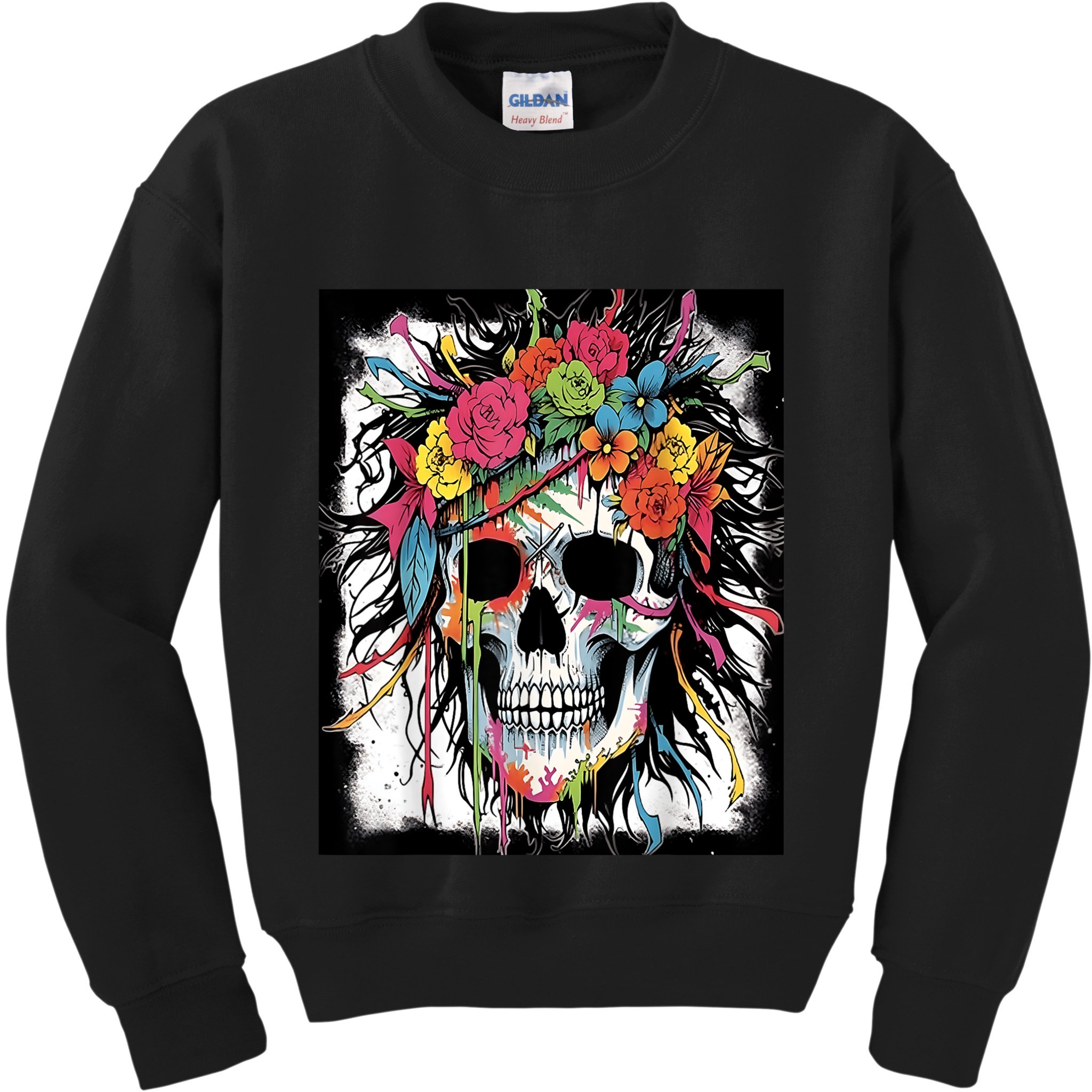 Vibrant Intrigue: Skull And Vibrant Floral Collage Design Kids Sweatshirt