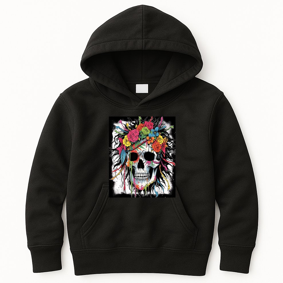 Vibrant Intrigue: Skull And Vibrant Floral Collage Design Kids Hoodie