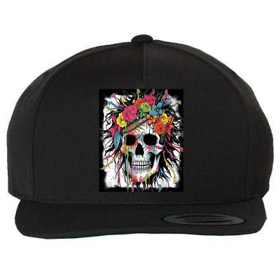 Vibrant Intrigue: Skull And Vibrant Floral Collage Design Wool Snapback Cap