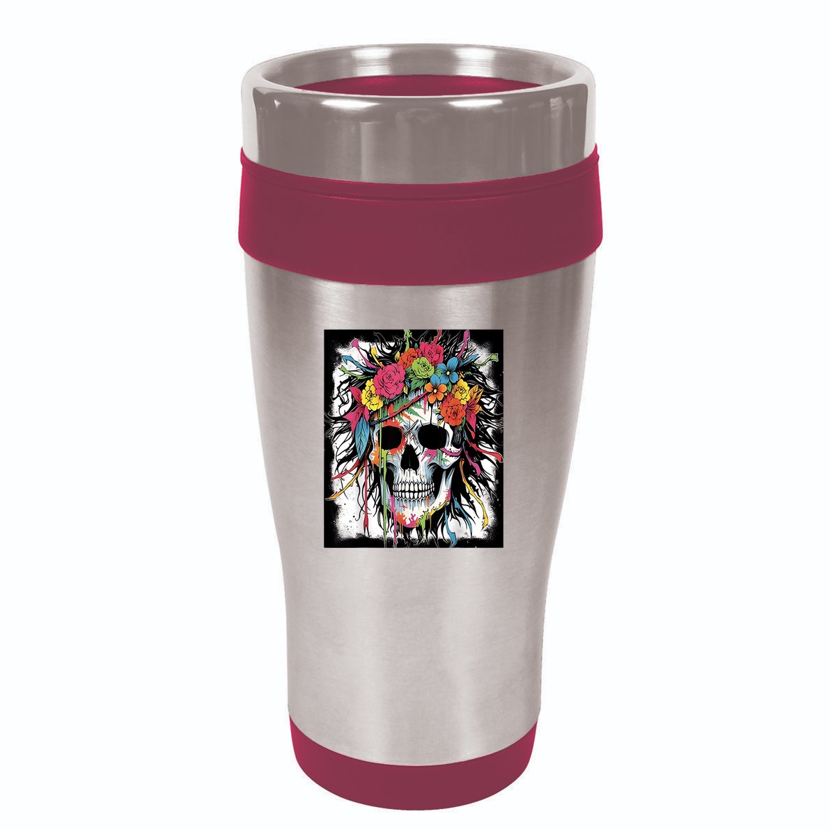 Vibrant Intrigue: Skull And Vibrant Floral Collage Design 16oz Travel Tumbler