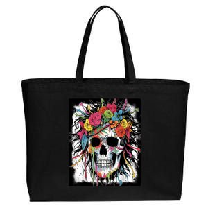 Vibrant Intrigue: Skull And Vibrant Floral Collage Design Cotton Canvas Jumbo Tote