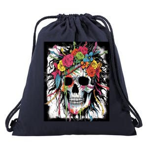 Vibrant Intrigue: Skull And Vibrant Floral Collage Design Drawstring Bag