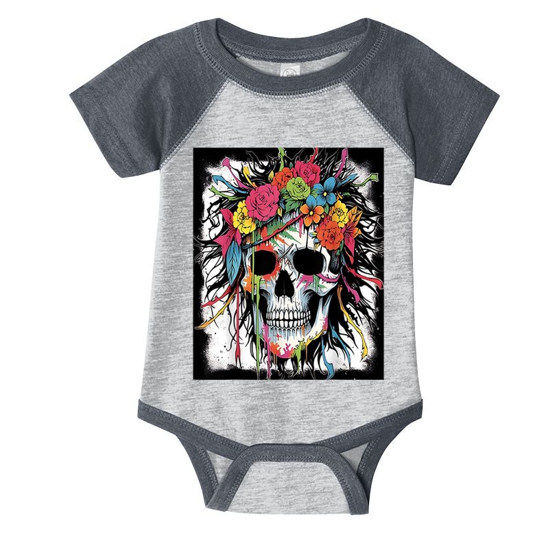 Vibrant Intrigue: Skull And Vibrant Floral Collage Design Infant Baby Jersey Bodysuit