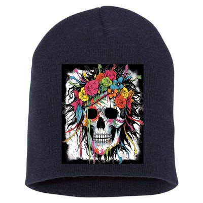 Vibrant Intrigue: Skull And Vibrant Floral Collage Design Short Acrylic Beanie