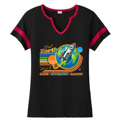 Visit Earth Home Of Cats Internet Bacon Ladies Halftime Notch Neck Tee